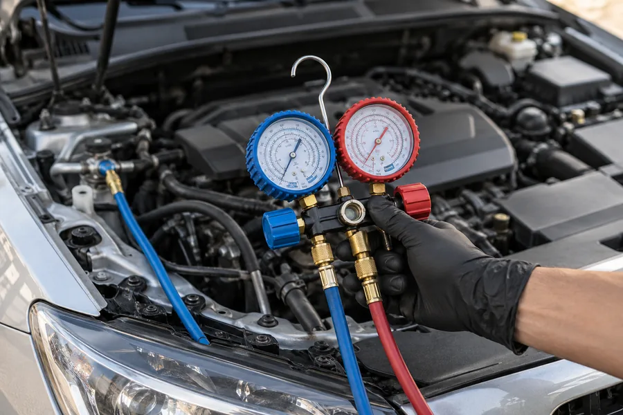 Illustrative photo of automotive A/C gauges being used beside a car engine
