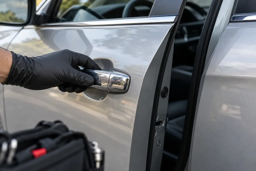 Illustrative photo of a gloved hand opening a silver car door