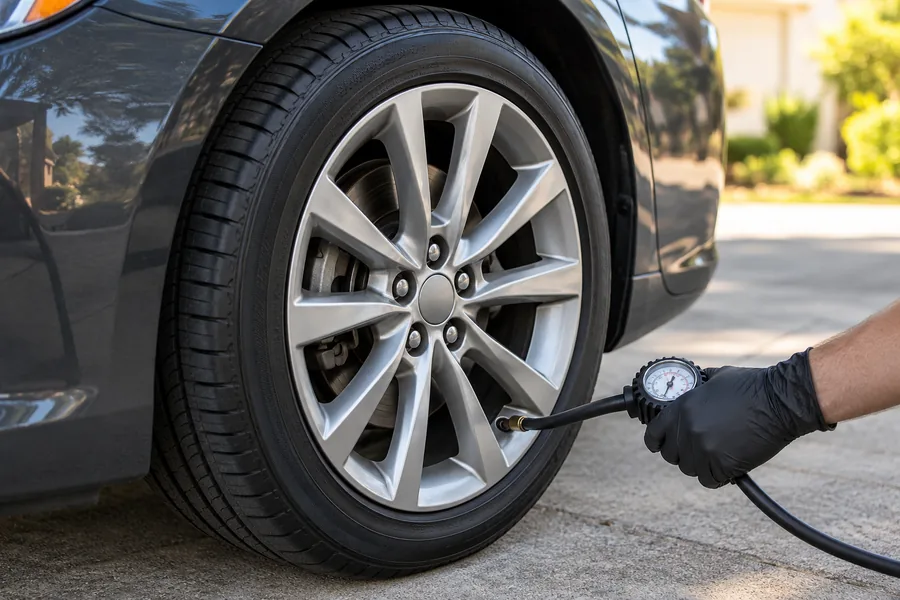 Illustrative photo of a gloved hand checking tire pressure on a car wheel