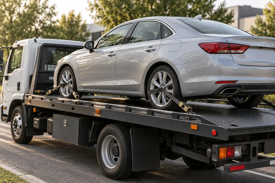 Illustrative photo of a silver car secured on a flatbed tow truck